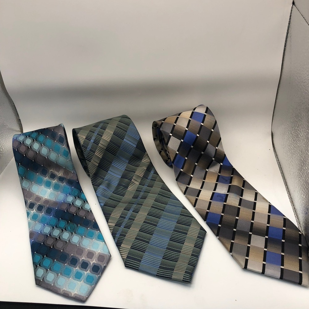 Van Heusen Mens Necktie Bundle Blue Grey Green Geometric Plaid Lot of 3